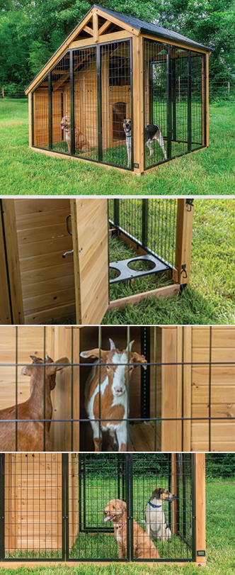 Wooden outdoor cat shelter with enclosed run and two cats inside, set on grass