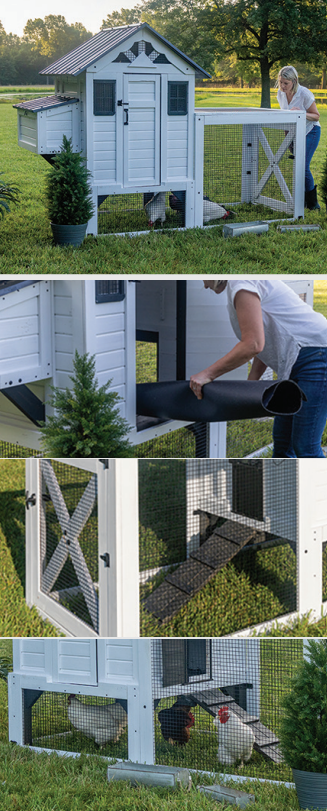 Collage of a white raised garden shed with a person installing black supports underneath and beside it