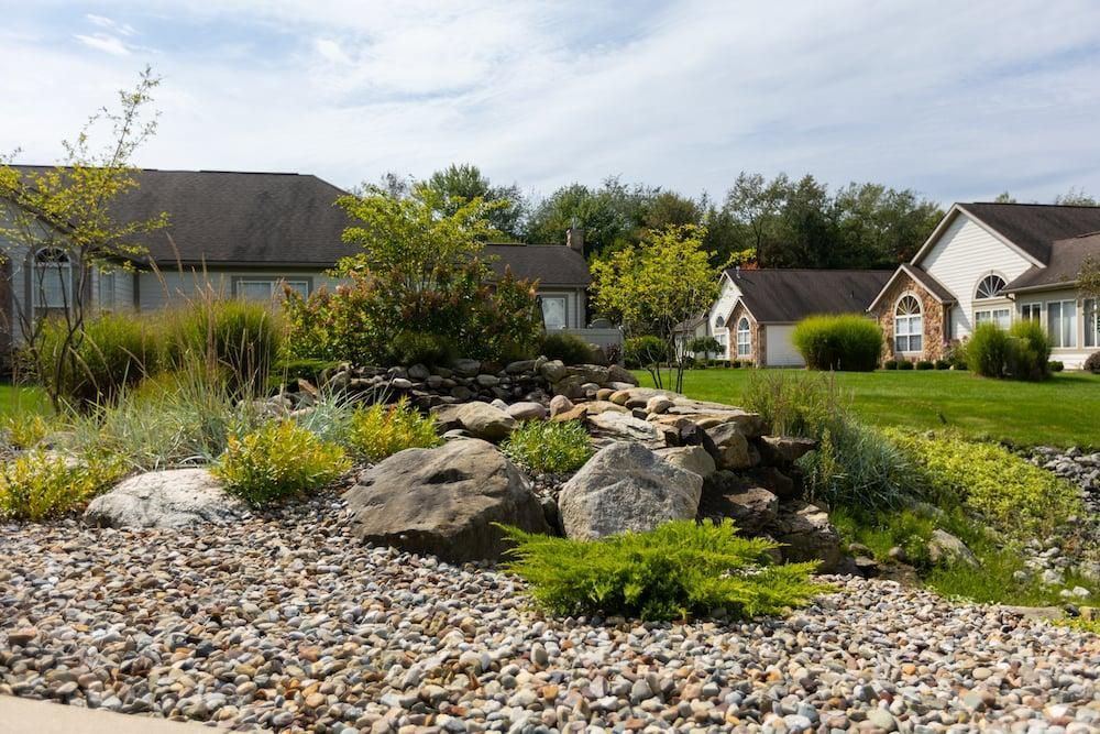 Rock garden with boulders and yellow flowers in a suburban yard