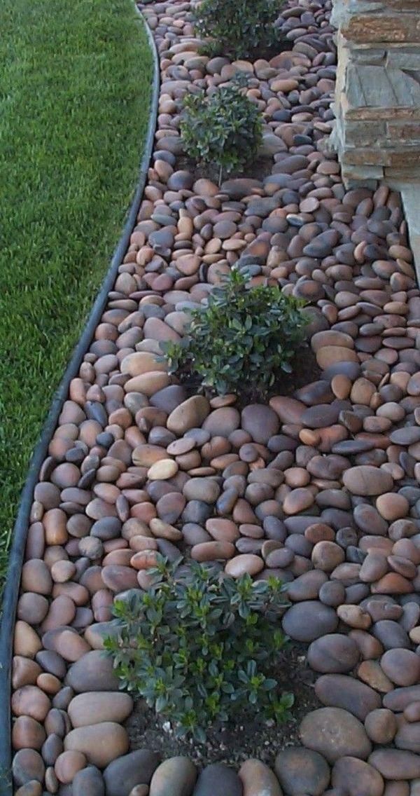 Rock garden with stepping stones and small shrubs beside a green lawn and stone edging.