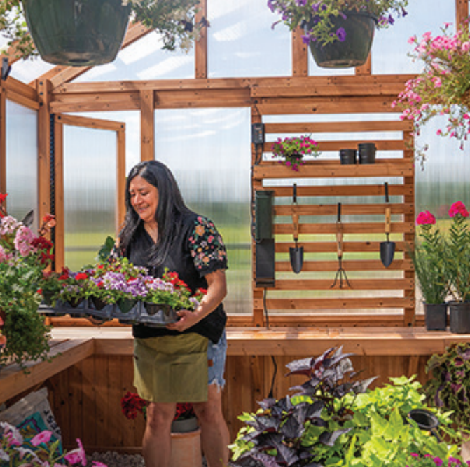 Woman arranging flowers in a bright greenhouse with hanging plants and wooden shelves