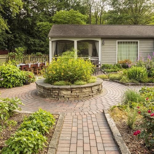 Garden patio with brick walkway, circular stone planter, and a small gazebo surrounded by lush flowers and greenery