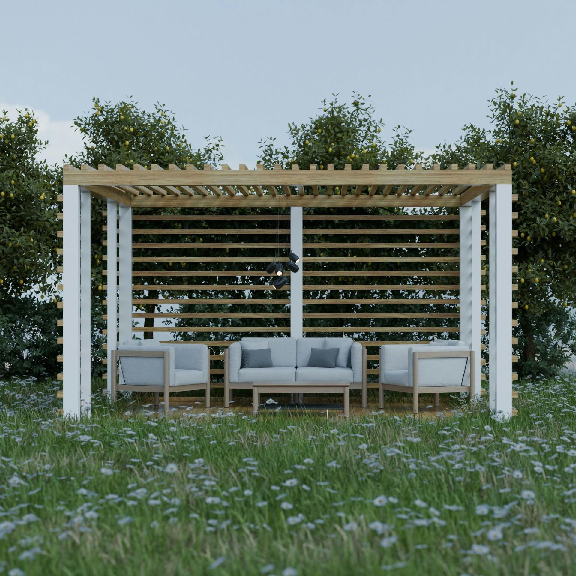 Modern outdoor seating area with a wooden pergola and white sofas in a grassy field