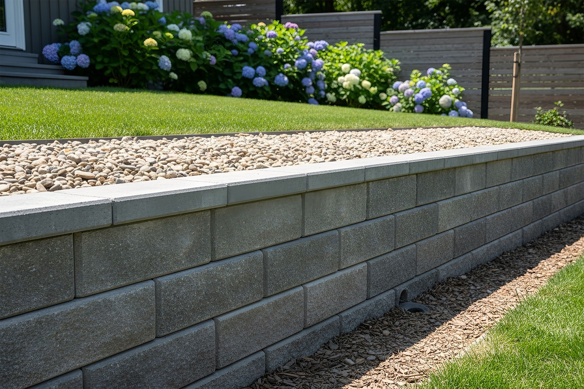Gray block retaining wall with gravel, grass, and flowering bushes in background.