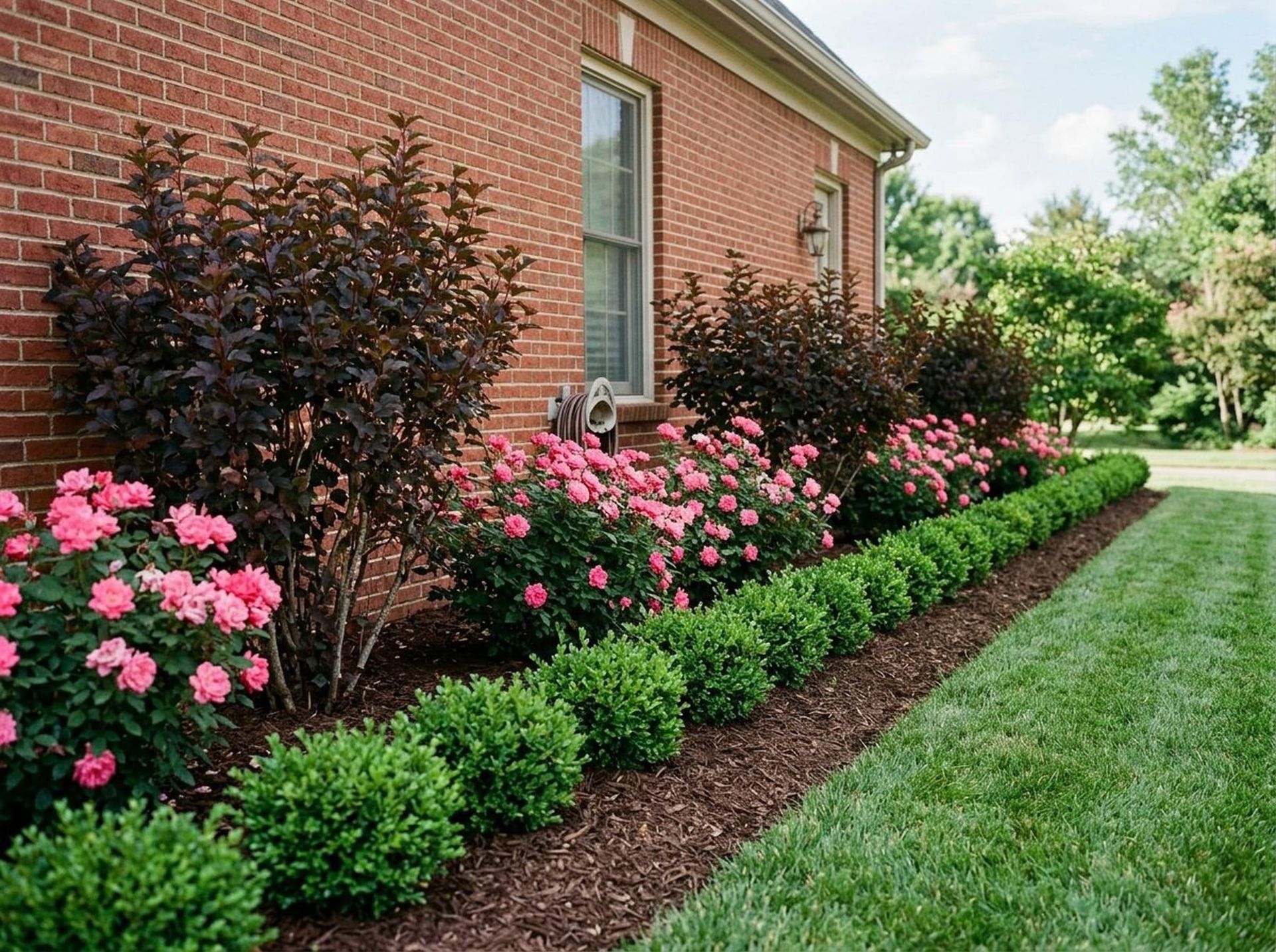 Brick house with pink roses and trimmed shrubs along a green lawn
