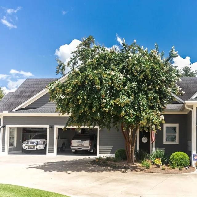 Suburban house with gray siding, two-car garage, and a large flowering tree in front