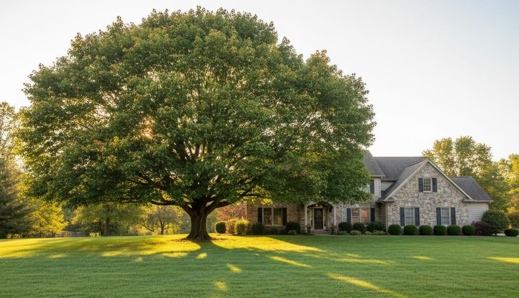Large tree on a green lawn in front of a house at sunset
