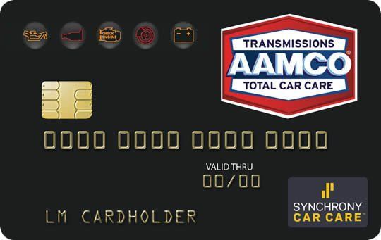 AAMCO Total Car Care credit card. Black card with gold details, the AAMCO logo, and a Synchrony Car Care logo.