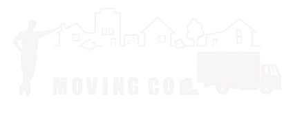 A moving company logo with a man and a truck on a white background.