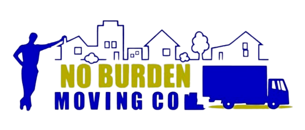Logo: Blue figure and truck with mustard text "No Burden Moving Co." against a white skyline of homes.