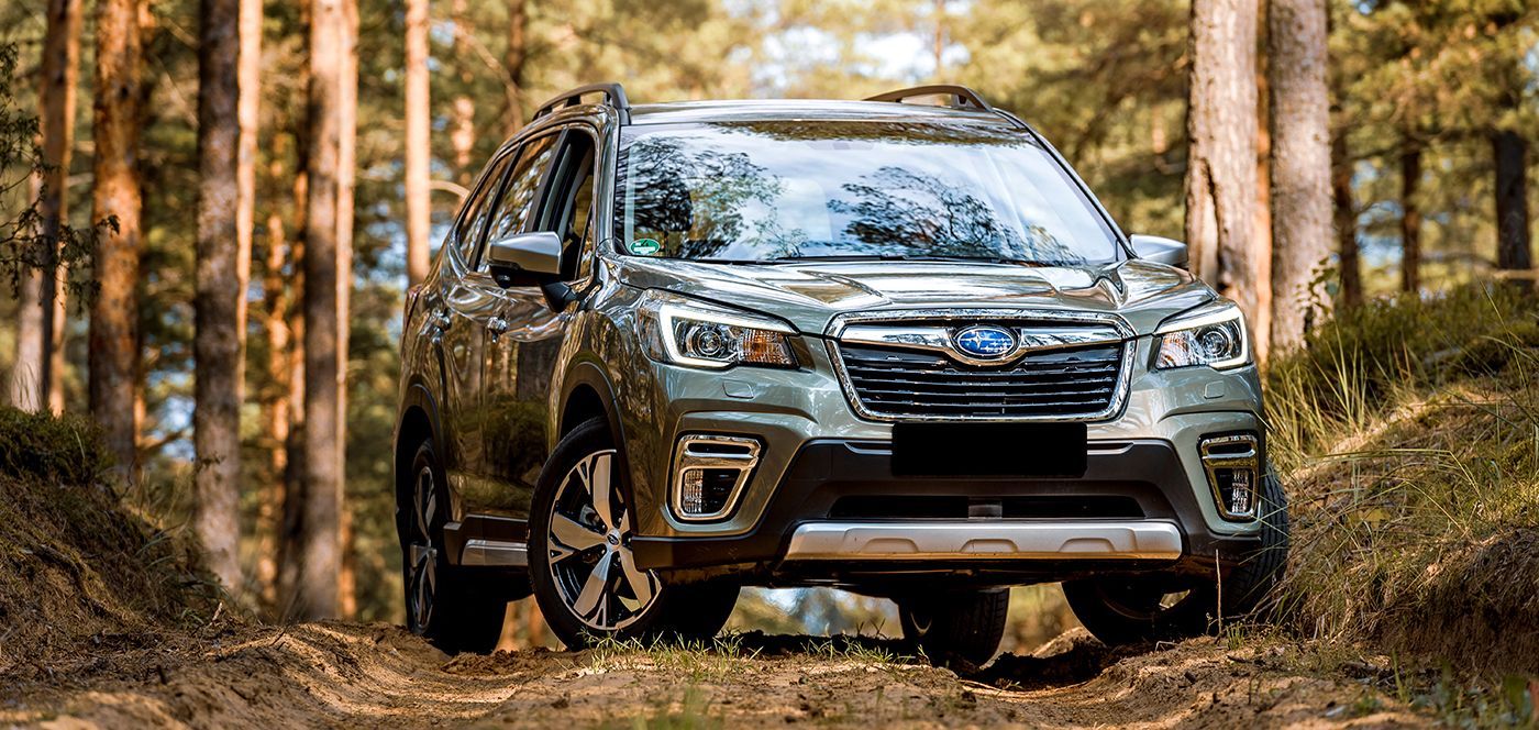 Green Subaru Forester SUV parked on a dirt path in a forest.