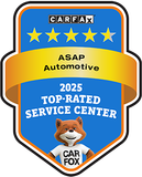 Carfax 2025 Top-Rated Service Center badge with a smiling fox mascot and five gold stars.
