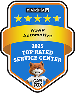 Carfax 2025 Top-Rated Service Center badge with a smiling fox mascot and five gold stars.