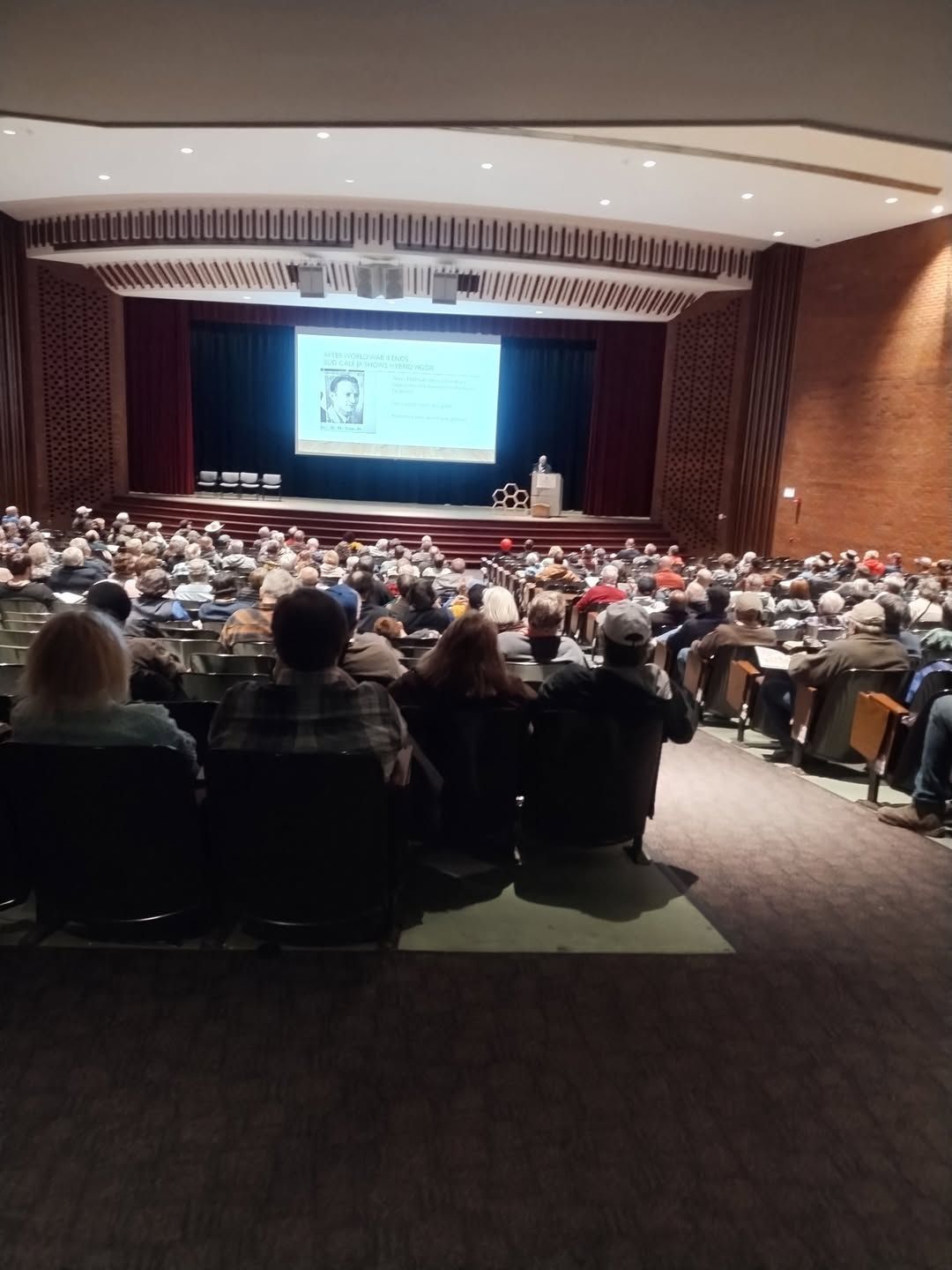 A large group of people are sitting in an auditorium watching a presentation on Honey Bees