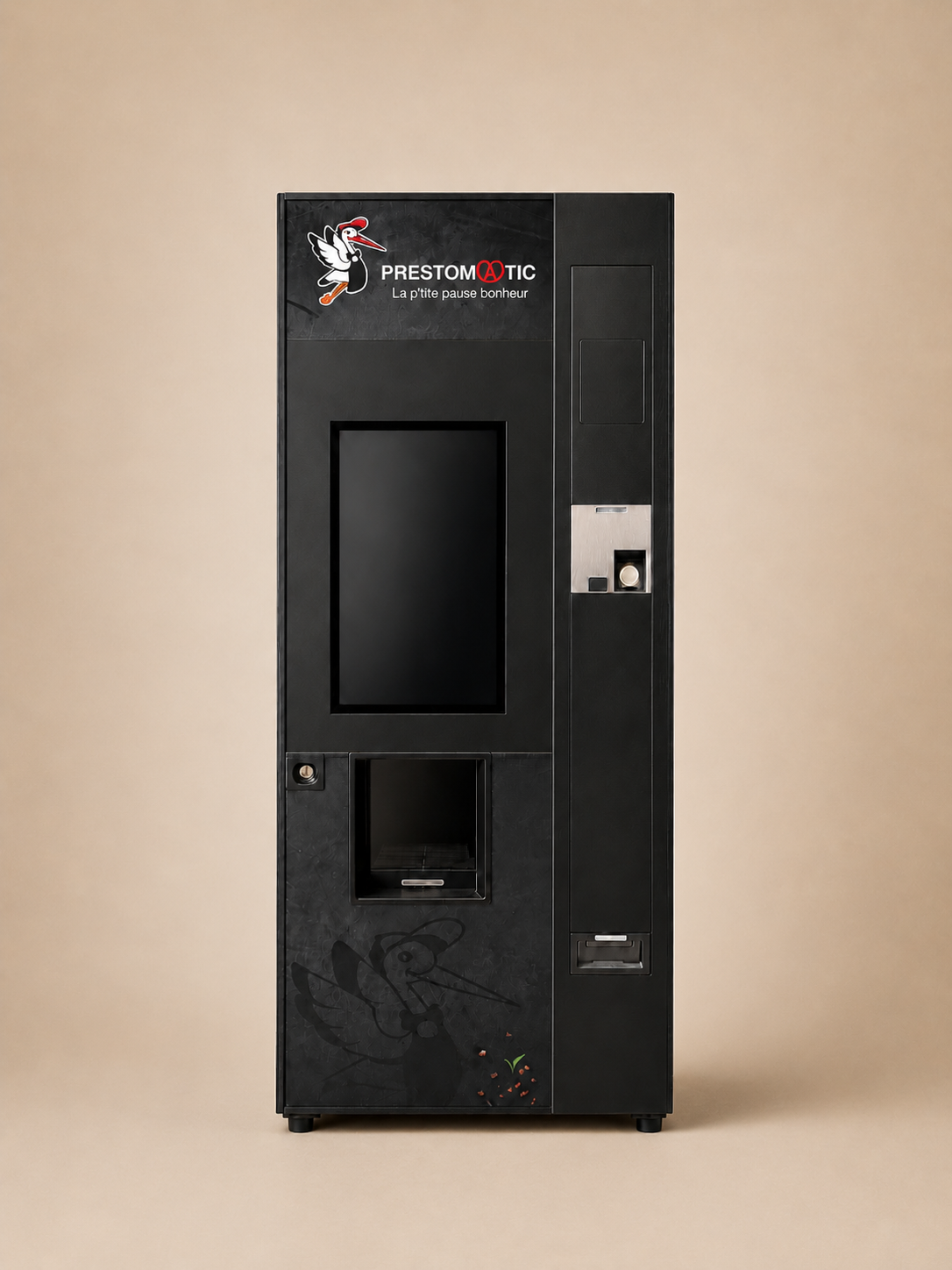 Distributeur automatique noir avec boutons de sélection de boissons , sur fond beige