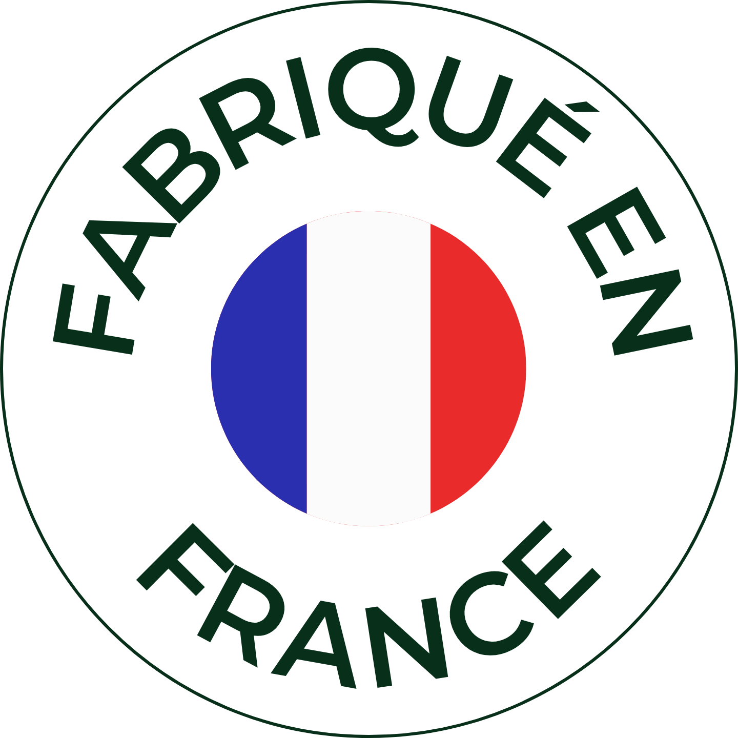Logo circulaire représentant le drapeau français avec l'inscription « Fabriqué en France ».