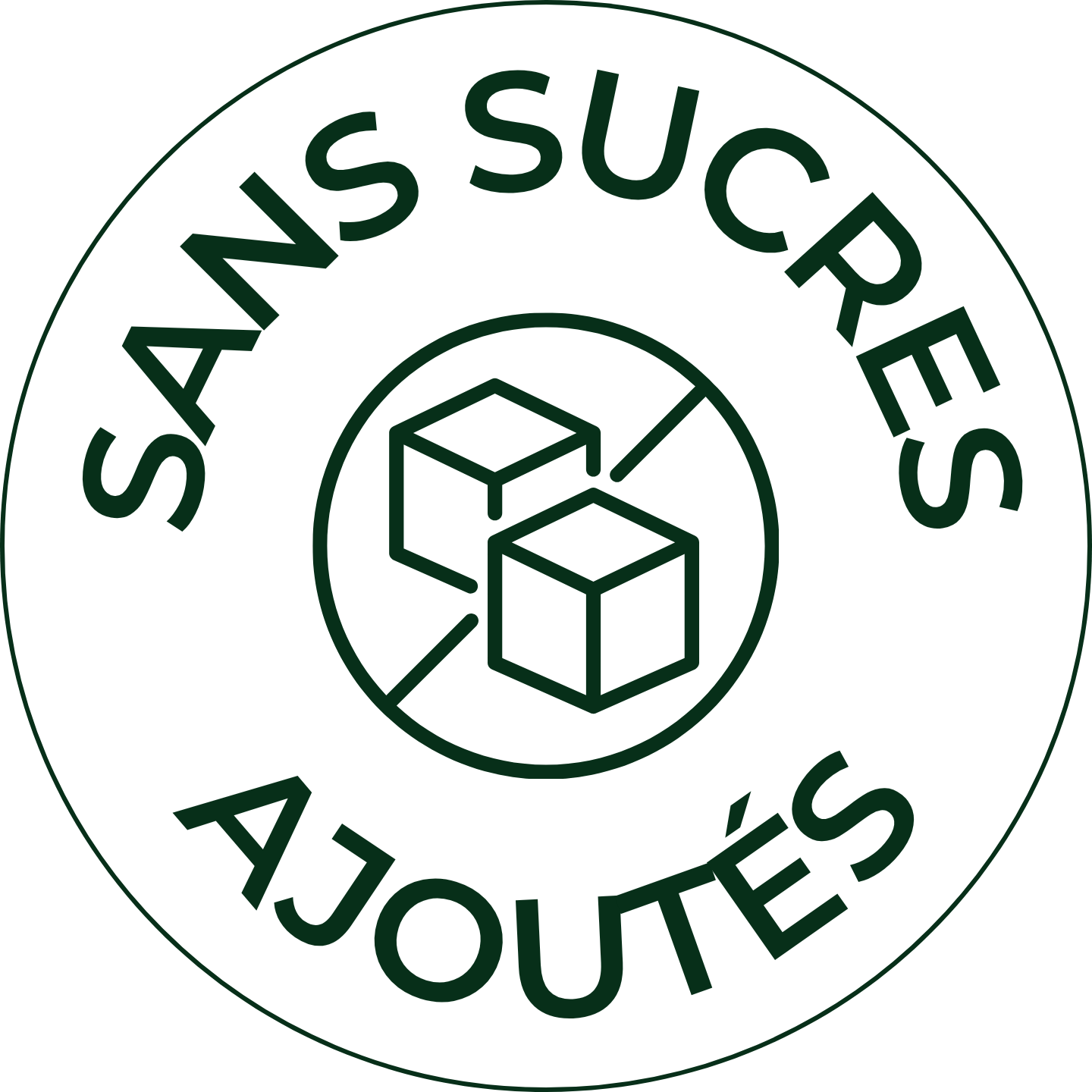 Logo circulaire vert avec des cubes et le texte « SANS SUCRES AJOUTÉS » autour.