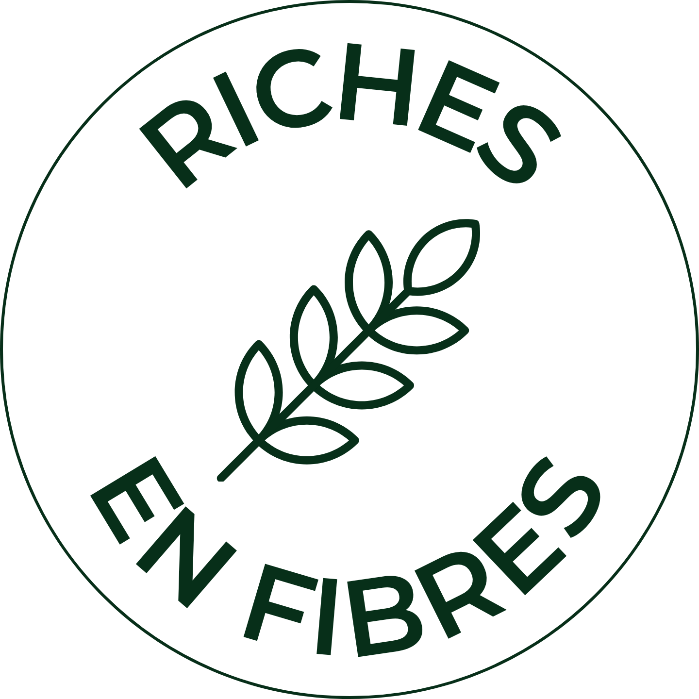 Logo circulaire avec une feuille verte et les mots « RICHES EN FIBRES » en vert