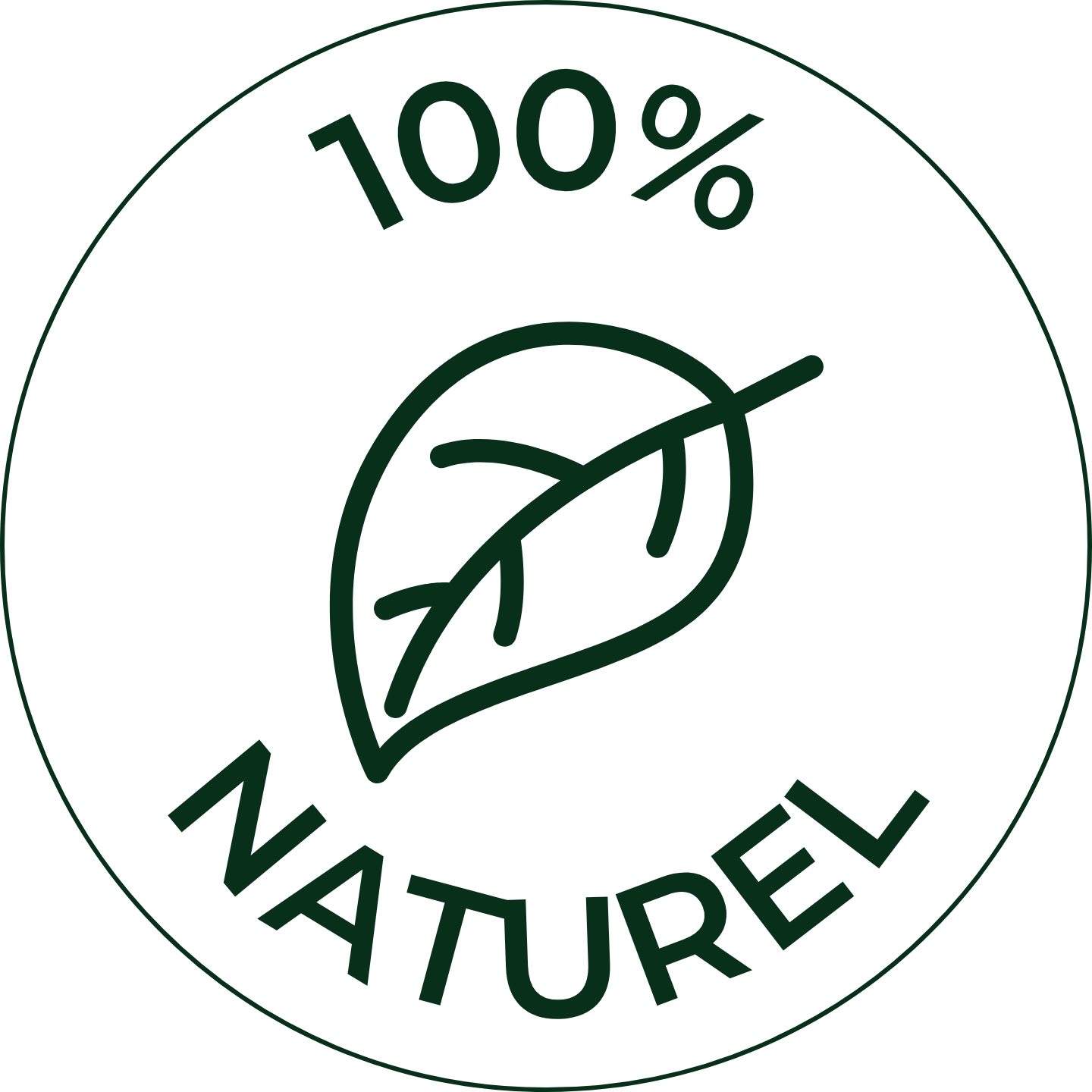 Logo 100 % naturel avec une icône de feuille verte à l'intérieur d'un sceau circulaire