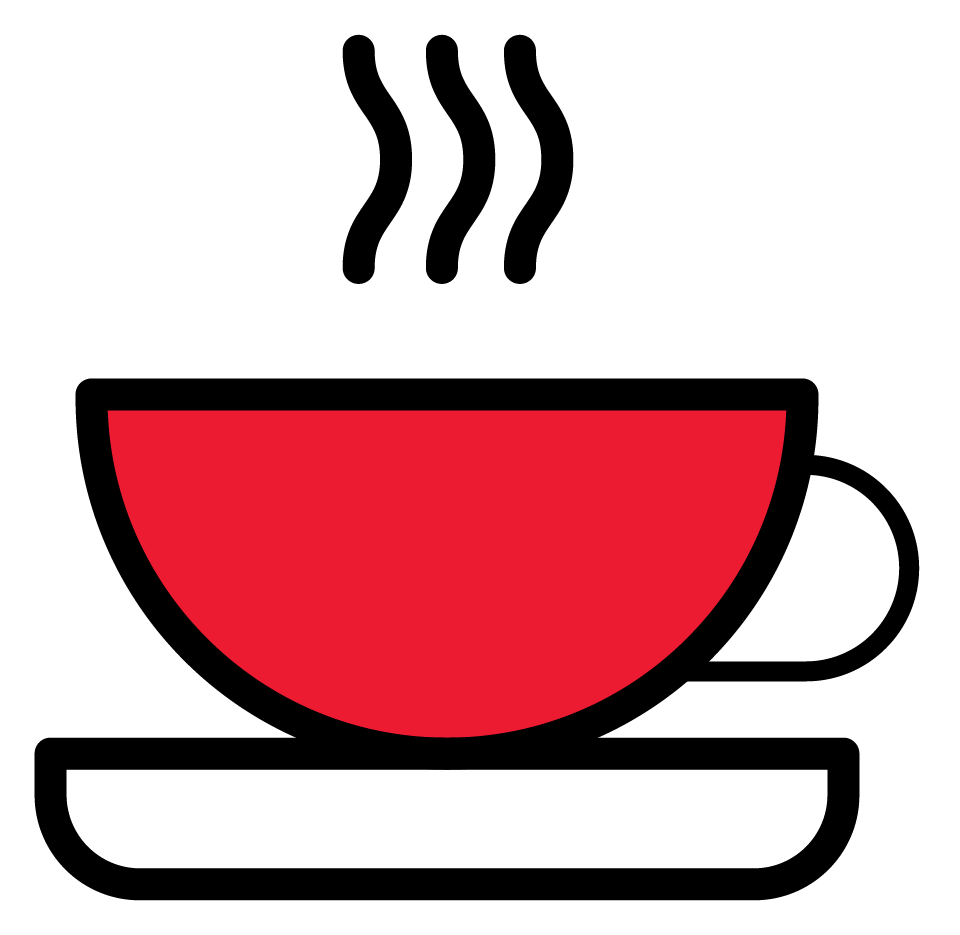 Icône d'une tasse de thé rouge fumante sur une soucoupe