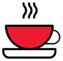 Tasse à café rouge d'où s'échappe de la vapeur ; posée sur une soucoupe.