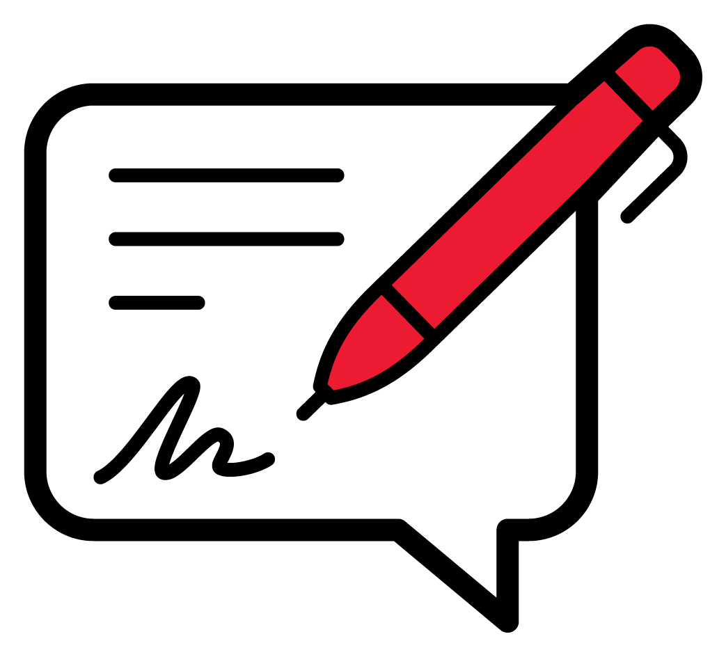 Un stylo rouge signe un document dans une bulle de dialogue.