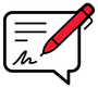 Un stylo rouge signe un document dans une bulle de dialogue.