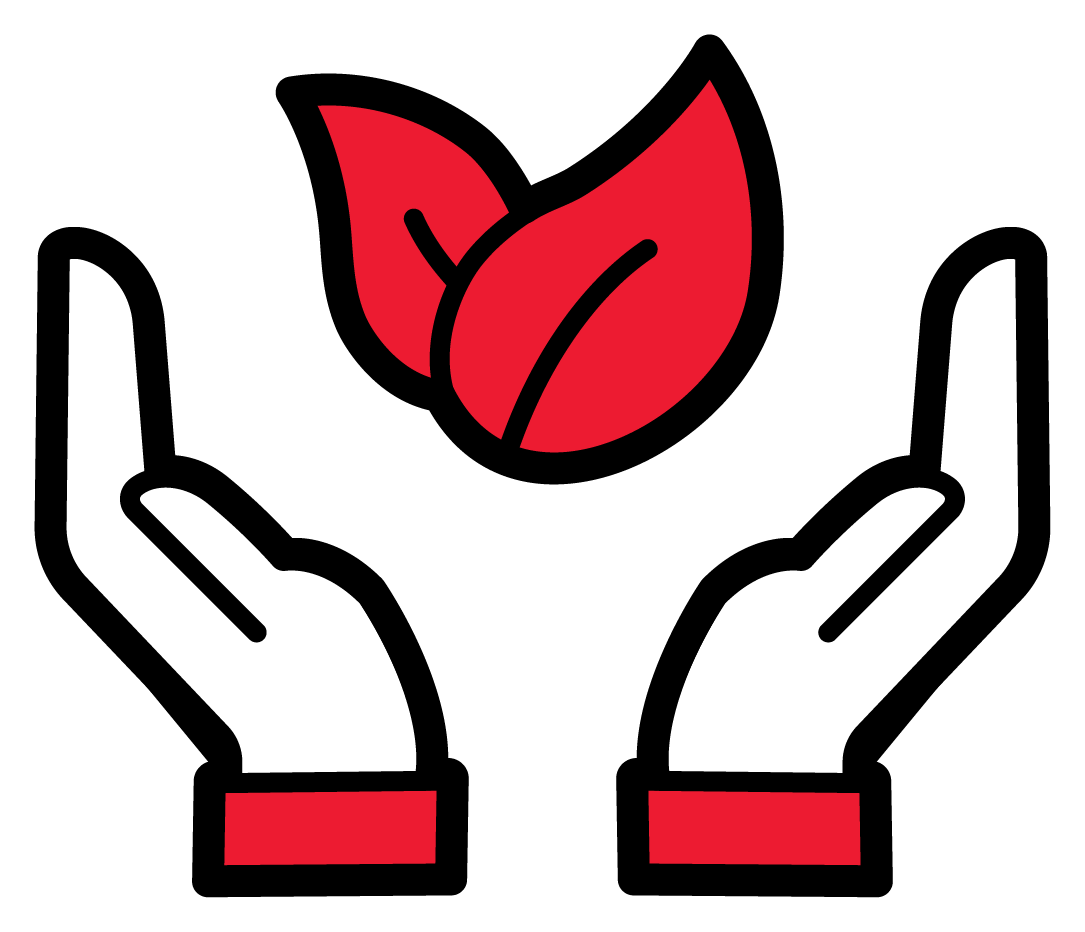 Deux mains blanches tenant une icône de feuille ou de fleur rouge au-dessus d'elles