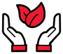 Des mains tenant deux feuilles rouges, symbolisant le soin ou l'environnement.