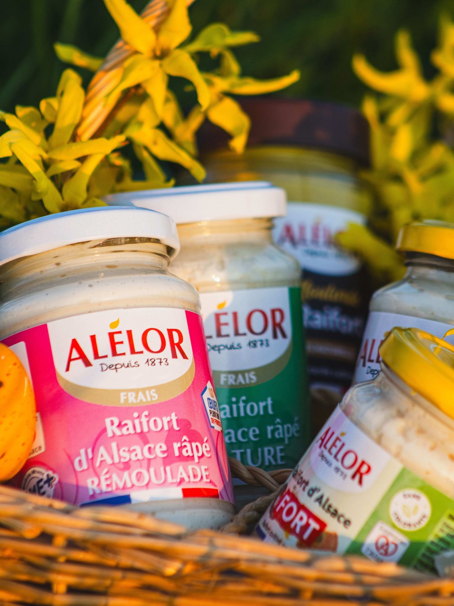Des pots de condiment Alélor tartinés de fleurs jaunes en arrière-plan