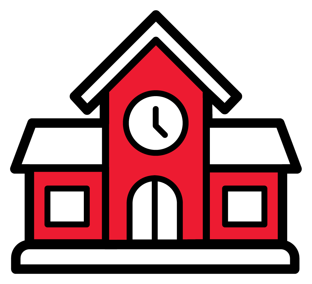 École rouge avec horloge, contour noir, bordures blanches.