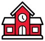 École rouge avec horloge, contour noir, bordures blanches.