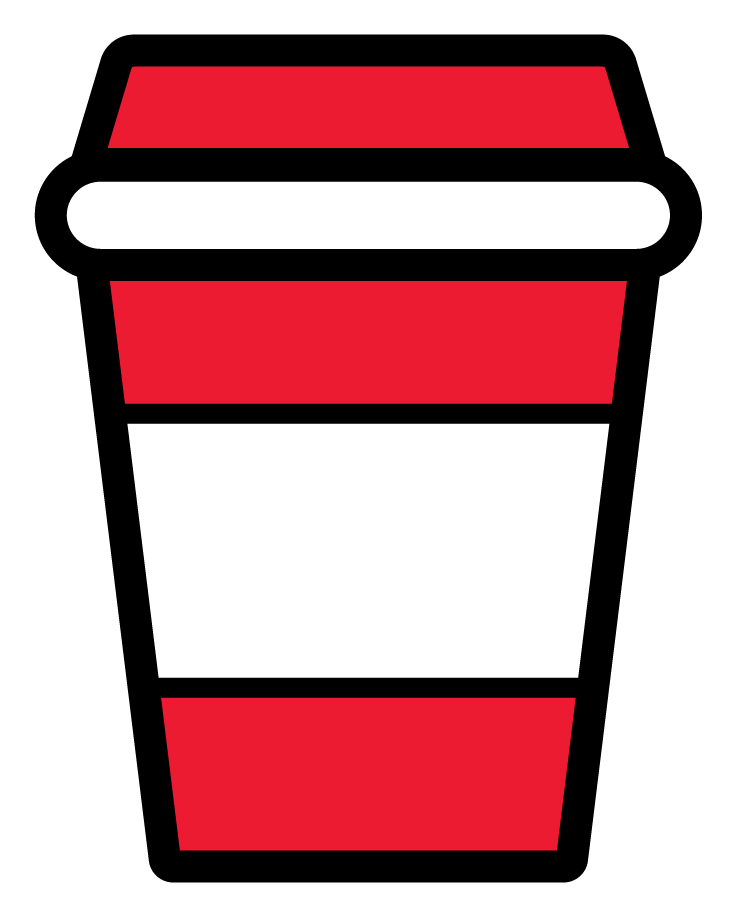 Icône de gobelet à café à emporter rouge et blanc avec contour et bande de couvercle noirs