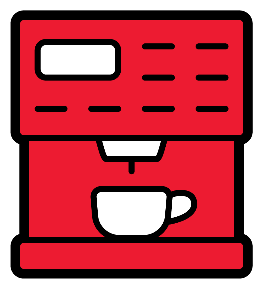 Machine à café rouge avec une tasse blanche sous le bec verseur et des détails noirs.
