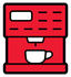 Cafetière rouge distribuant du café dans une tasse blanche.