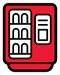 Distributeur automatique rouge avec trois rangées d'étagères cintrées et un panneau de commande.