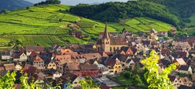 De vieux bâtiments aux toits de tuiles rouges se dressent devant des vignobles verdoyants et une colline