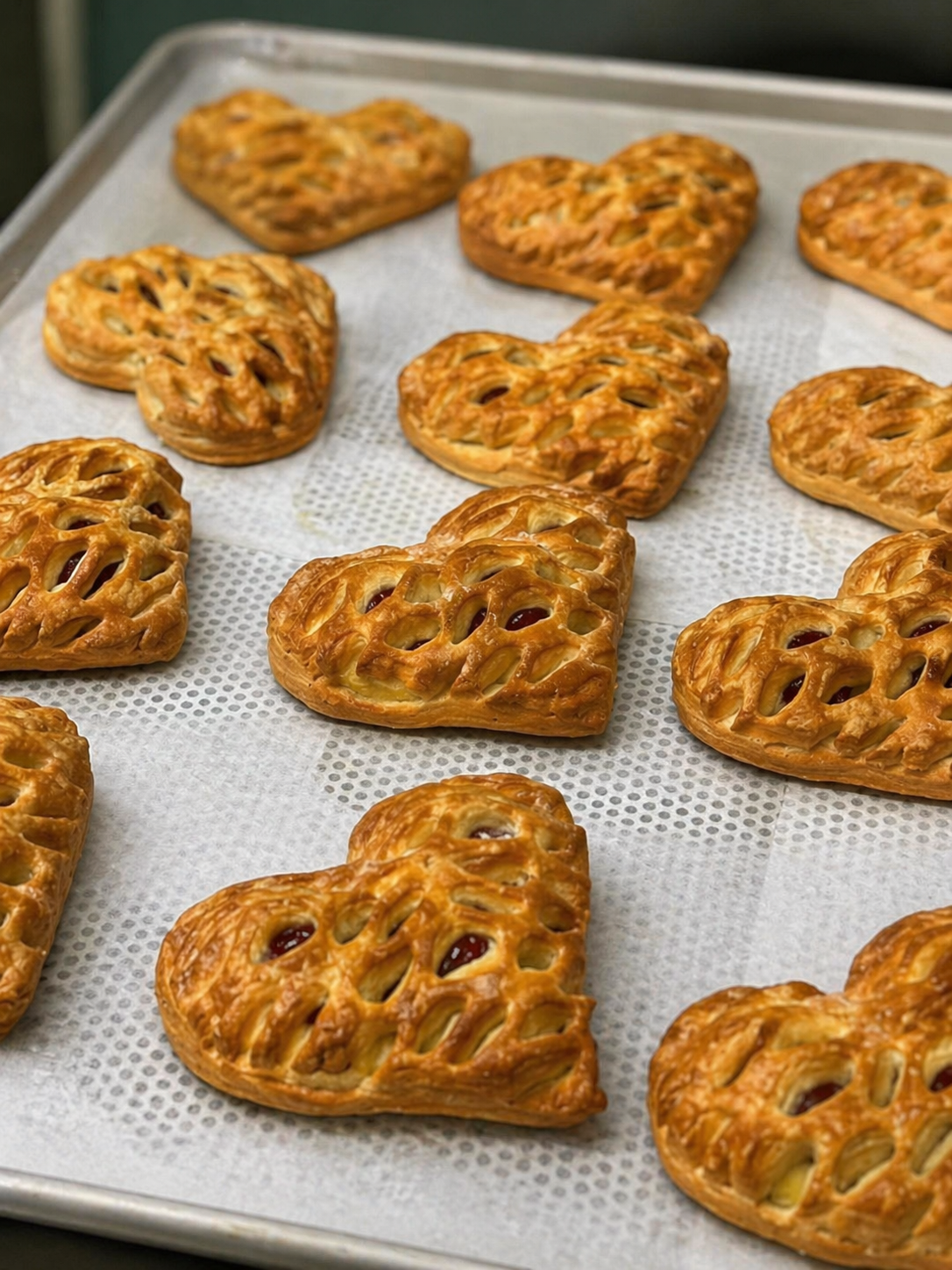 Heart-shaped baked cookies on a cooling rack, golden brown and textured.