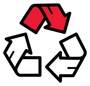 Symbole de recyclage : trois flèches disposées en cercle, une rouge et deux blanches à contour noir.