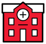 Bâtiment hospitalier rouge avec une croix blanche sur un panneau circulaire au-dessus de l'entrée.