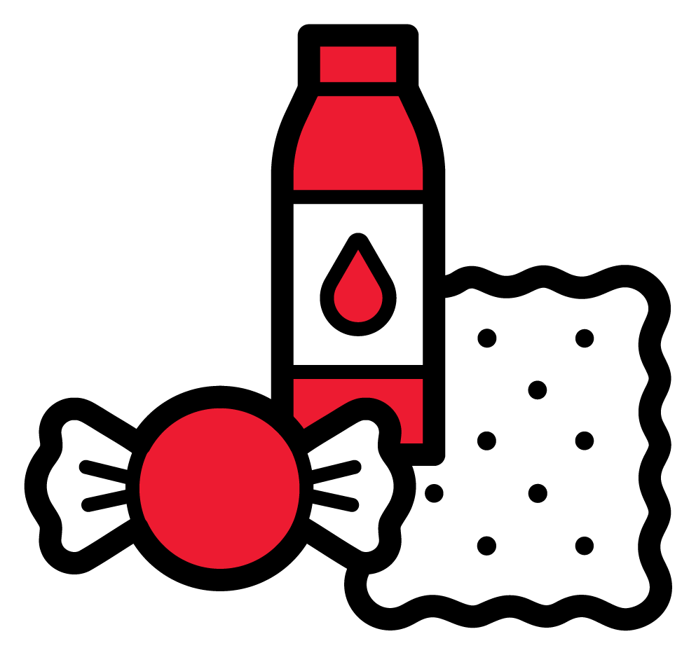 Icône représentant une bouteille rouge, un bonbon et un biscuit.