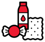 Un bonbon rouge, une bouteille avec une icône de goutte rouge et un biscuit carré à pois noirs.