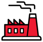 Usine rouge d'où s'échappe une épaisse fumée de sa cheminée.
