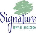 Signature lawn and landscape logo with green tree and blue script text