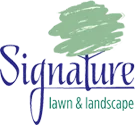 Signature lawn and landscape logo with green tree and blue script text