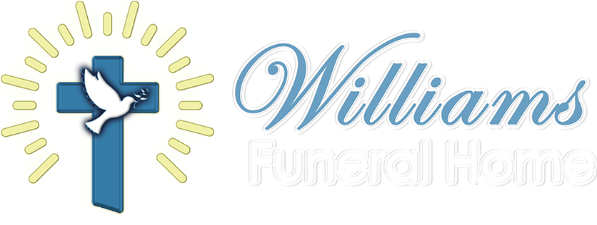 Williams Funeral Home logo with blue cross, white dove, and yellow sun rays