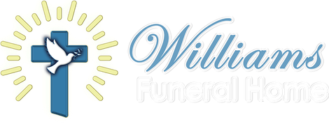 Williams Funeral Home logo with blue cross, white dove, and yellow sun rays