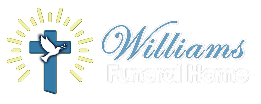 Williams Funeral Home logo with blue cross, white dove, and sun rays