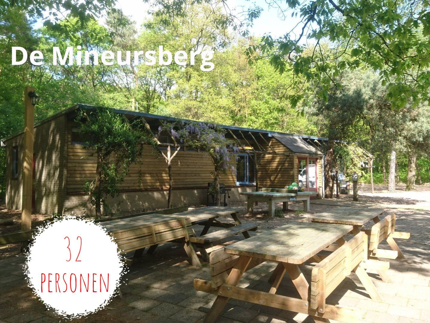 Een houten gebouw verscholen in een open plek in het bos met picknicktafels en een bord met de tekst 