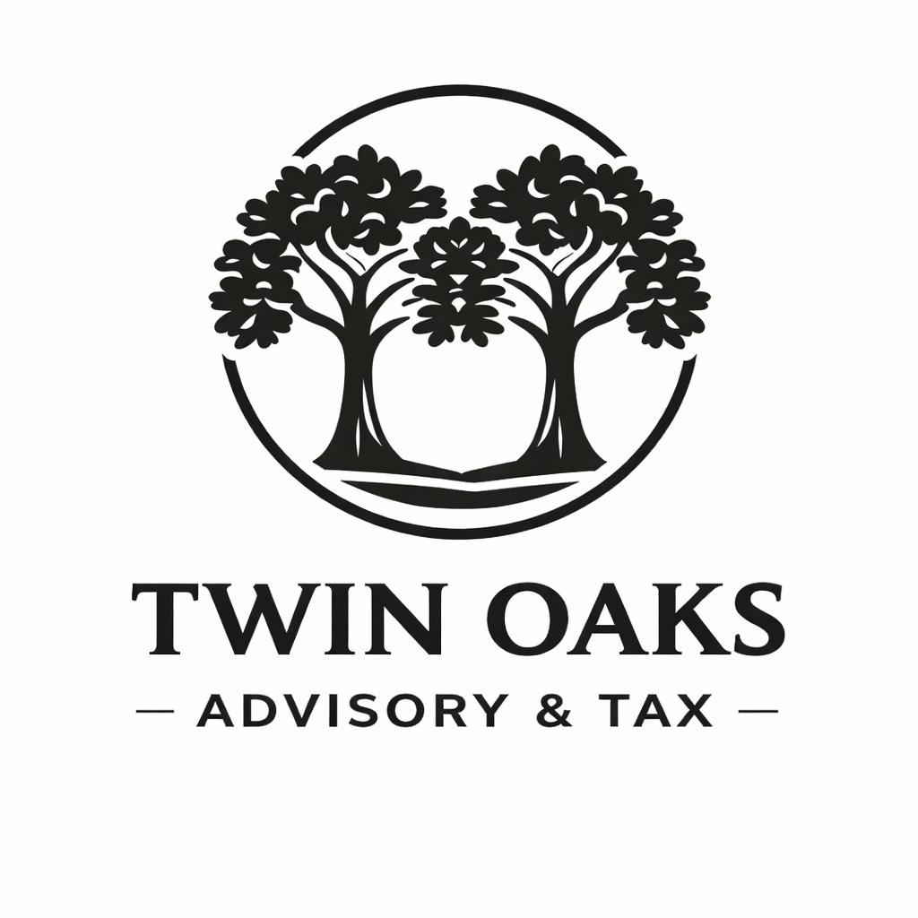 Logo for Twin Oaks Bookkeeping: Two oak trees inside a circle, with